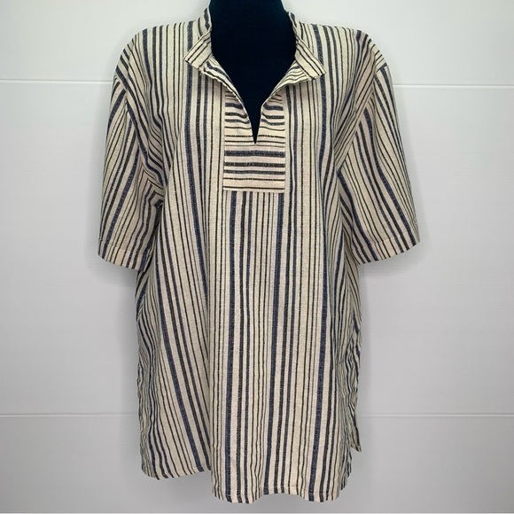 Tunic Shirt XL Summer Stripe V Neck Short Sleeve Greece Hand Woven Slub Fabric - Picture 1 of 13